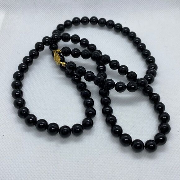 💛 G. Silver Vintage Black Wood Bead Necklace - Picture 1 of 5